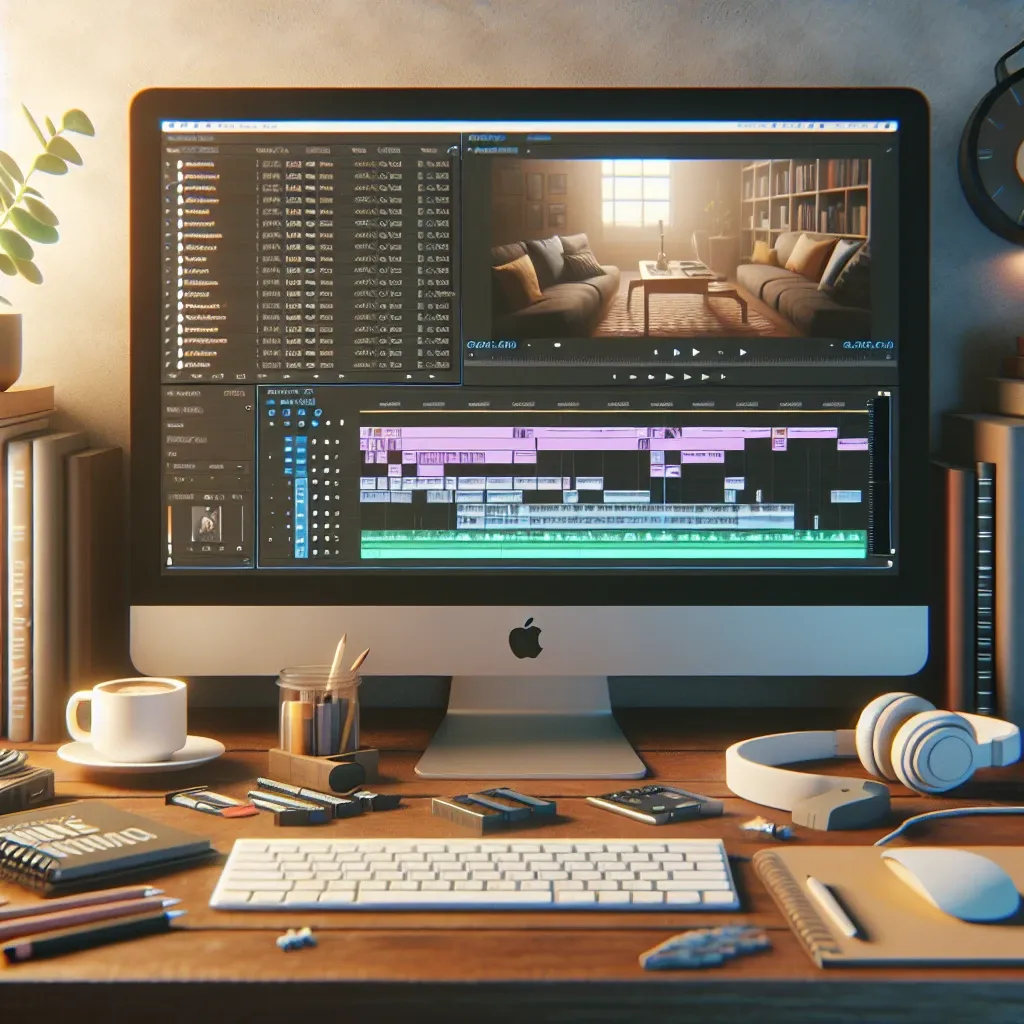 "Edición básica de vídeos utilizando programas gratuitos en pantalla de computadora, con interfaz de software de edición y herramientas visibles, ilustrando el proceso de edición fácil y accesible."