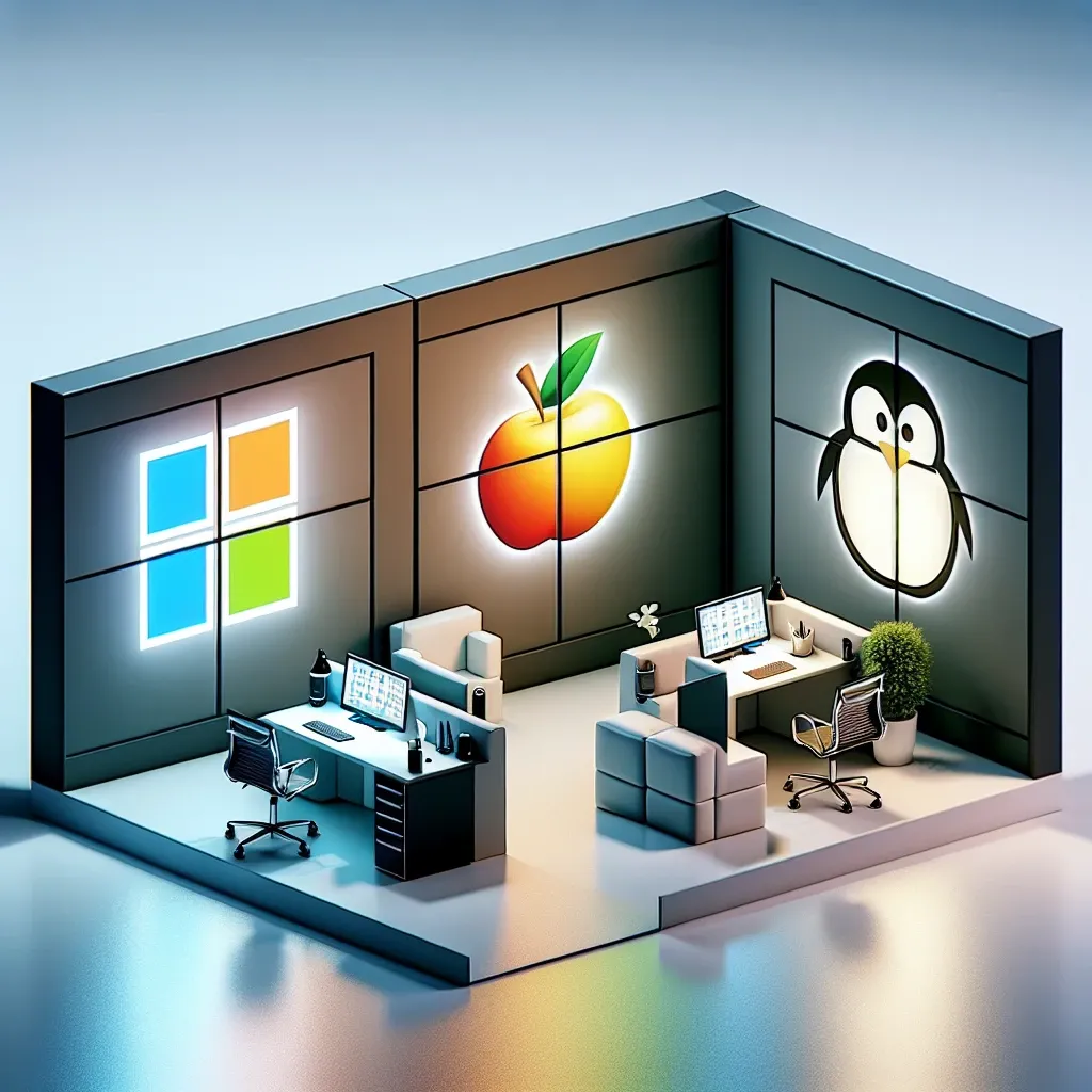 "Comparativa de sistemas operativos: interfaz de Windows, escritorio de macOS y terminal de Linux, destacando sus principales diferencias y características."