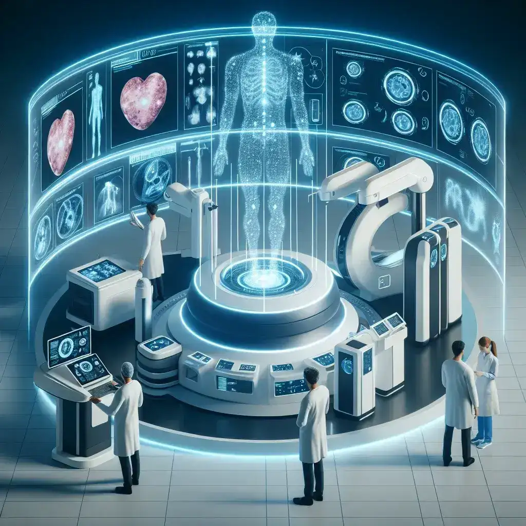 "Dispositivos de tecnología médica innovadores utilizados en diagnósticos, incluyendo imágenes de monitores, escáneres y herramientas de diagnóstico en un entorno clínico moderno."